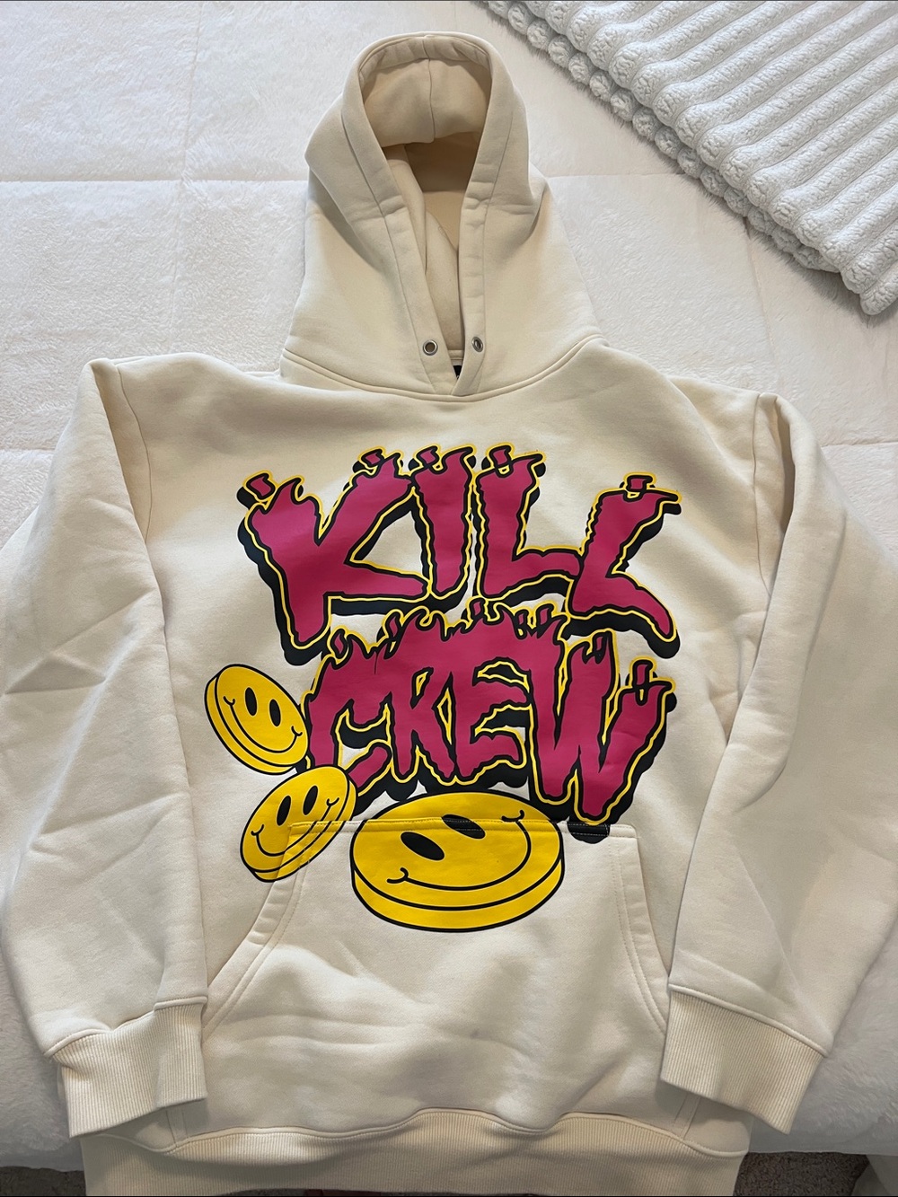 Kill Crew Cream Graphic Hoodie with Pink "Kill Crew" & Yellow Smiley Faces